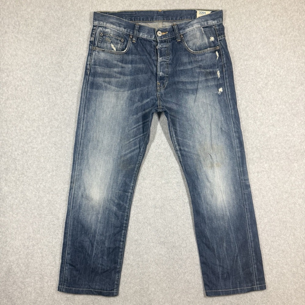 G Star Raw Jeans Men 34x28 Blue 3301 Straight Leg‎ Distressed Faded Button Fly
